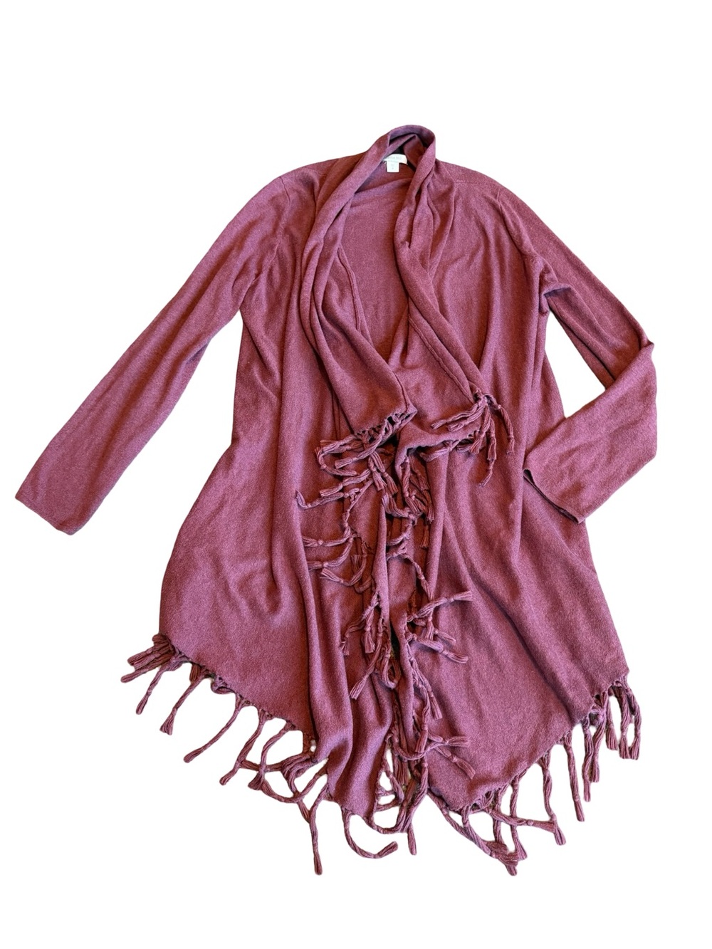 Garnet Hill Mauve Open-Front Cardigan Sweater Fringe Flowy Stretch Size Small